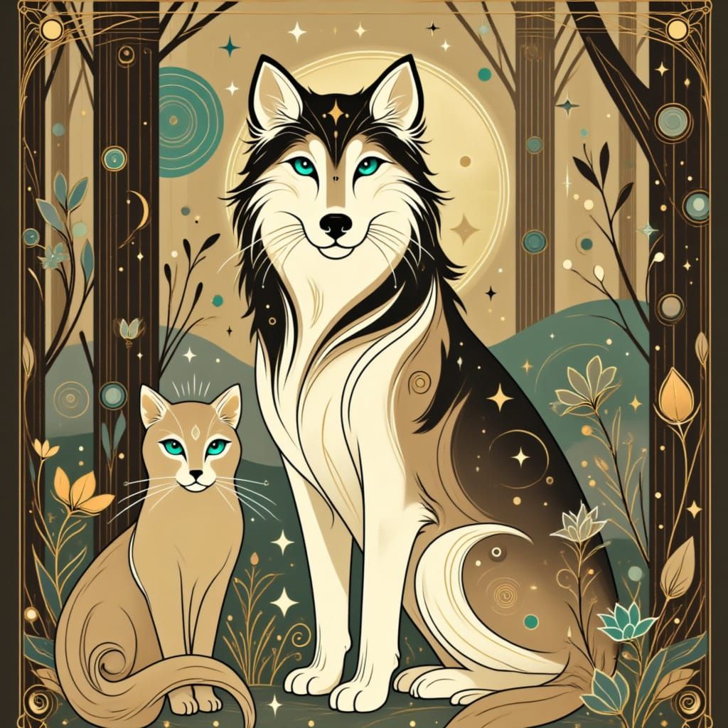 Malamute dog and Siamese cat in a forest <lora:Cat portrait:1.0>