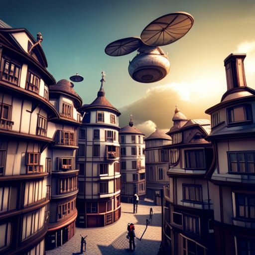 A city where the houses has circular roofs, and flying robot...