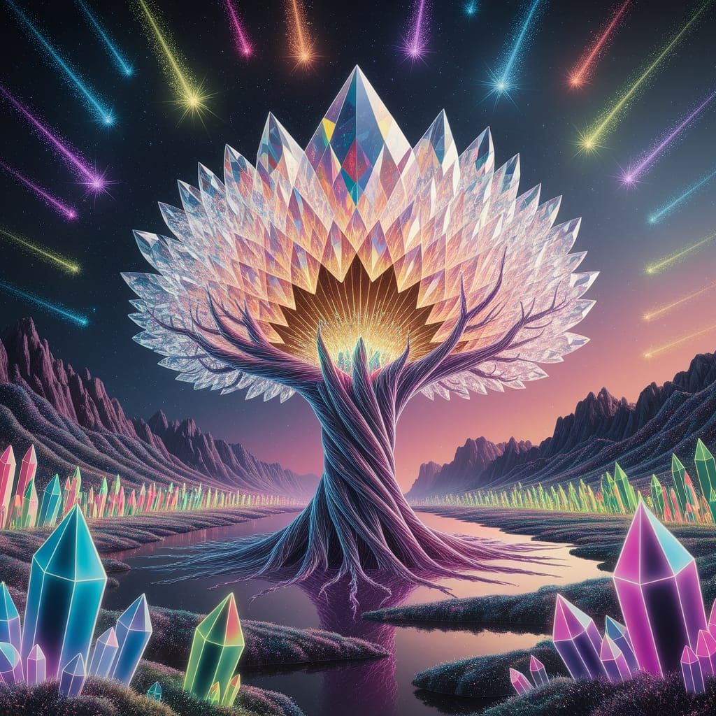 A majestic tree made entirely of translucent, faceted crystals.  by @Elisabeth