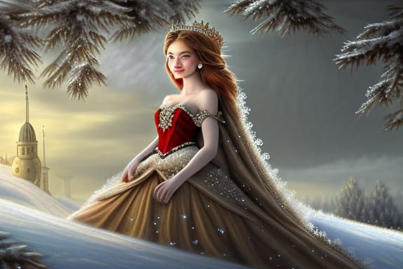Fantasy princess with snow dress. HDR detailed painting phot...