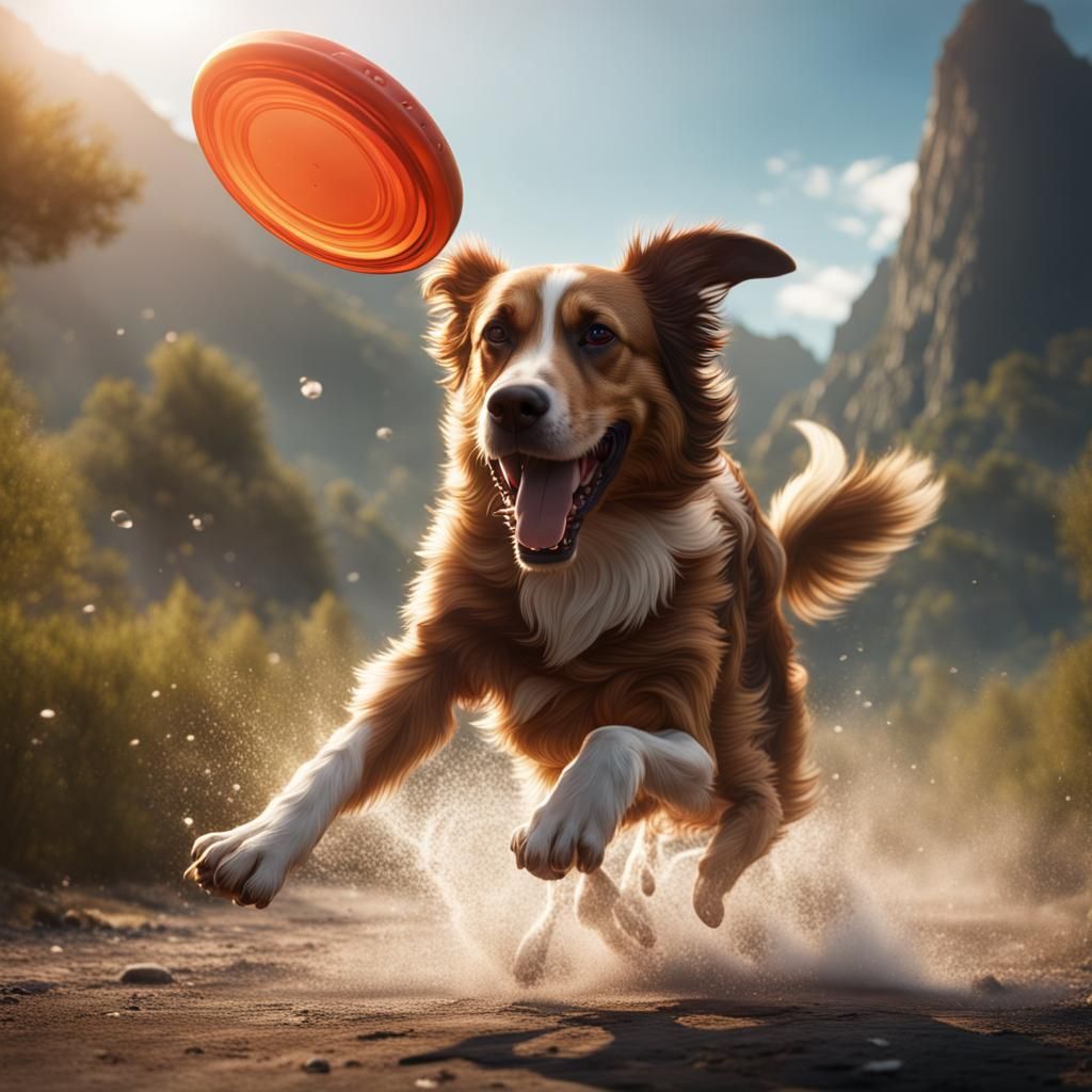 Dog Catching Frisbee: Detailed Fantasy Concept Art