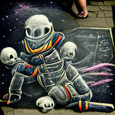 Scary skeleton astronaut in space chalk art