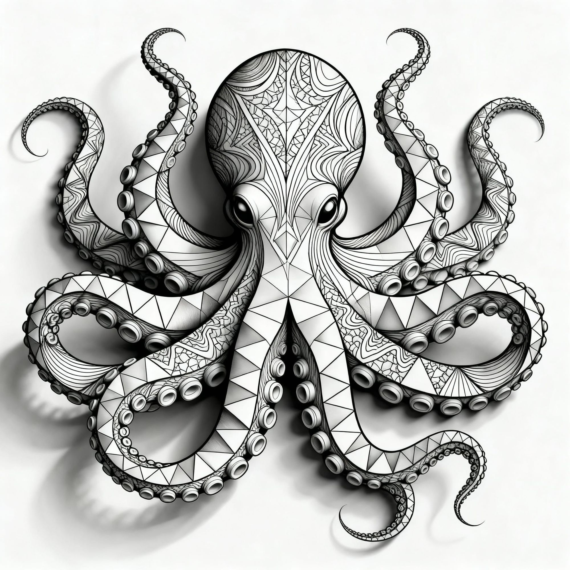 High detail black and white coloring page of the kraken abstract vector fractal, wave function, Zentangle, 3d shading