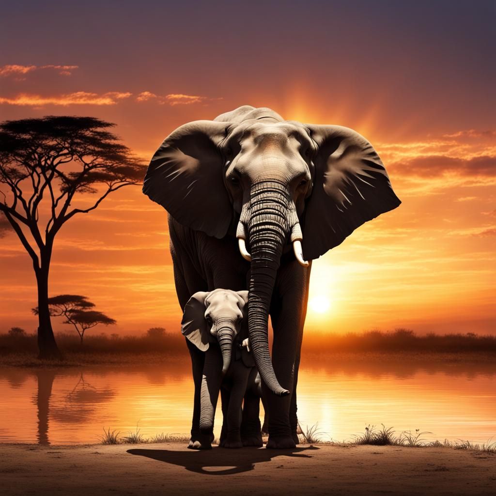 A elephant and her baby , with a beautiful sunset