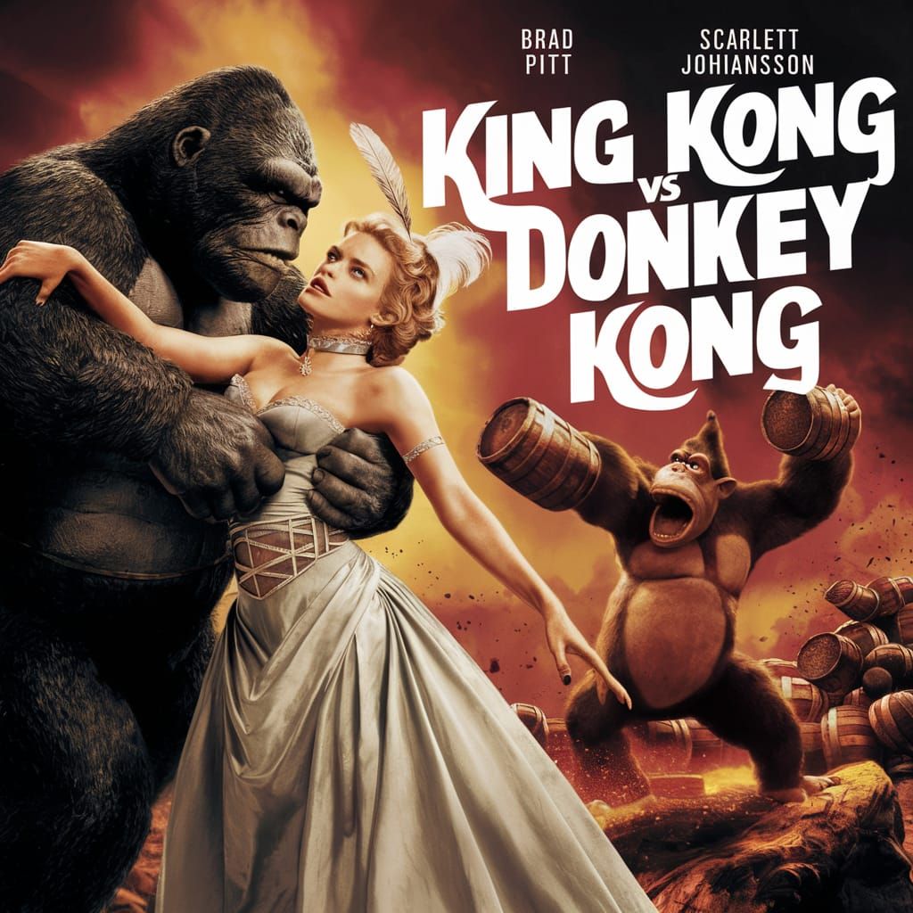 A classic movie poster for an iconic fictitious film "King Kong vs Donkey Kong" featuring a dramatic ...  by @FruitFan