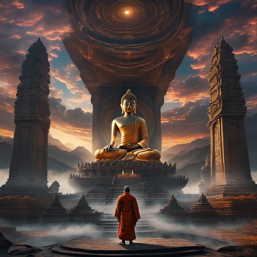 Monk and Buddha in Golden Light, Digital Art