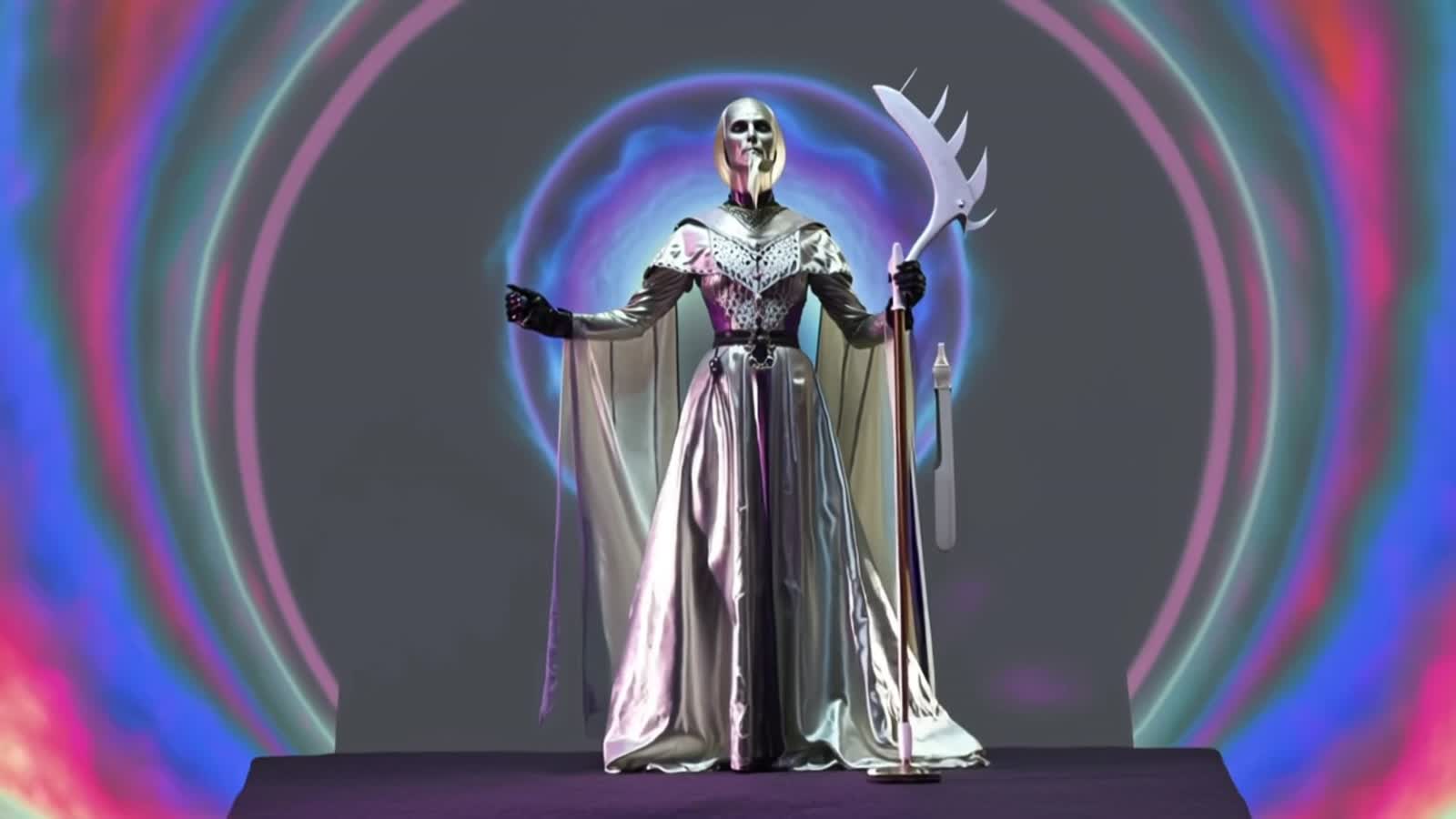 A Grim reaper opening a portal to the next realm. He is visibly pearlescent and the scene is psycadelic juxtaposition of...