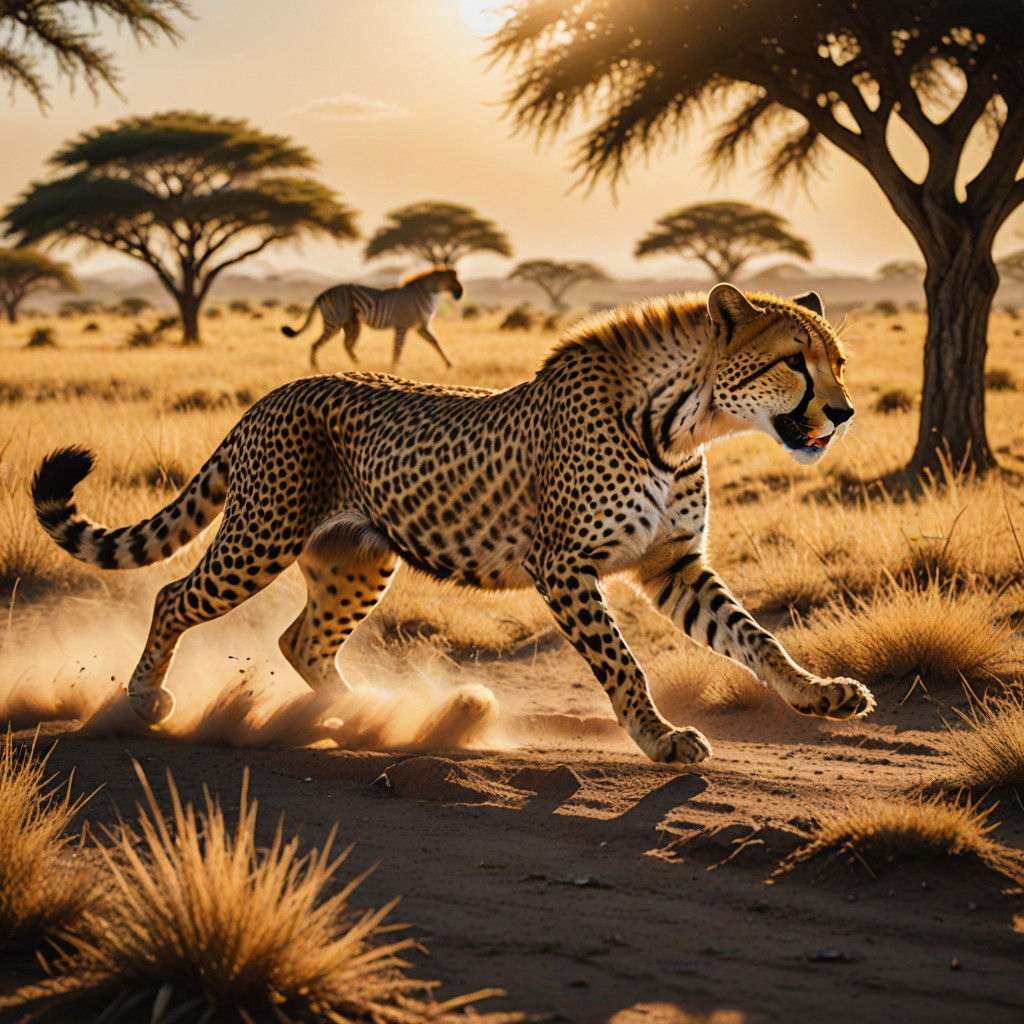 A cheetah running after a zebra 