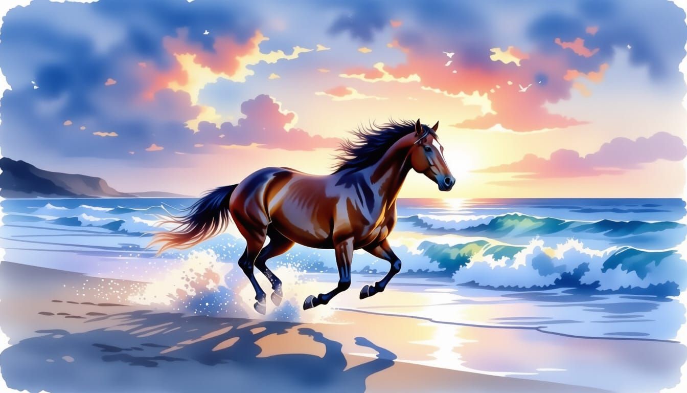 Watercolor Horse Galloping on Twilight Beach