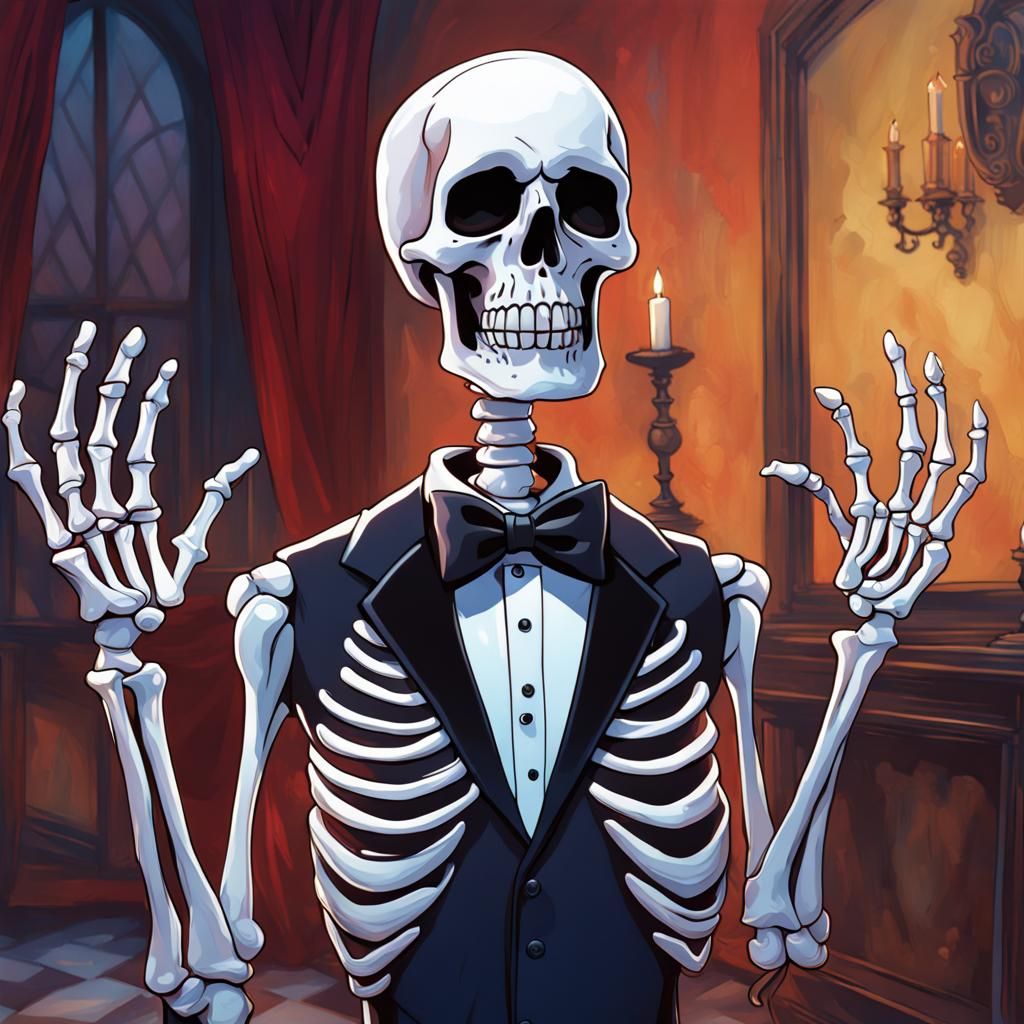 A skeleton in a tuxedo inside his haunted mansion
