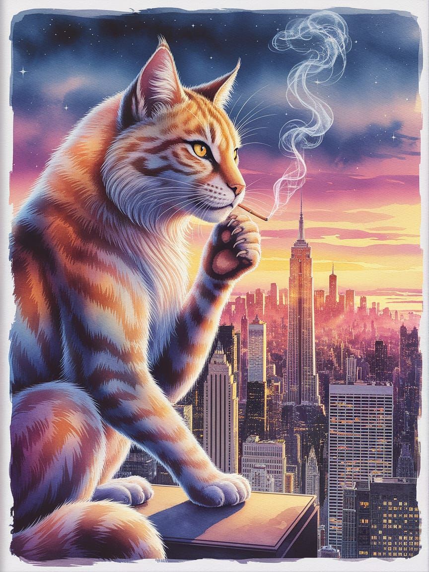 Majestic Cat Smoking, Watercolor Metropolis Backdrop