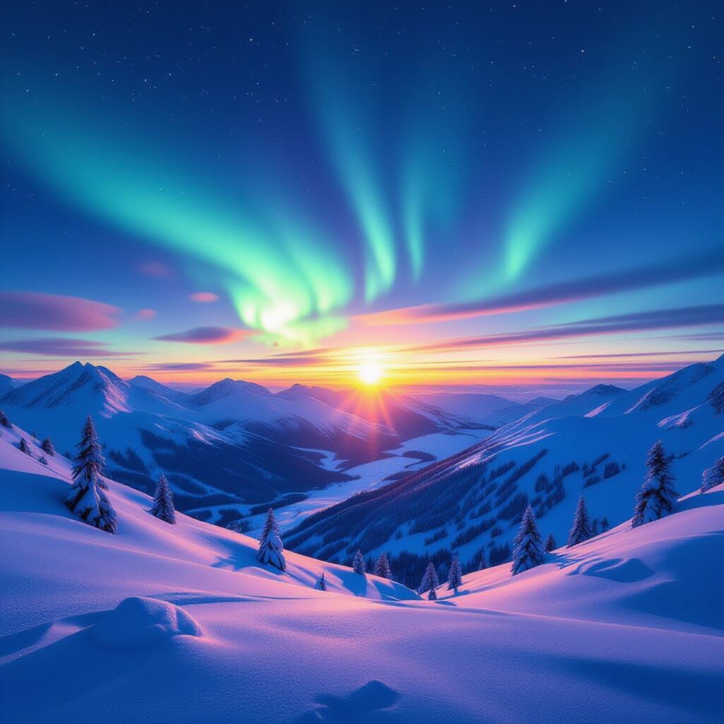 Cinematic Winter Sunset with Northern Lights Over Snow Mount...