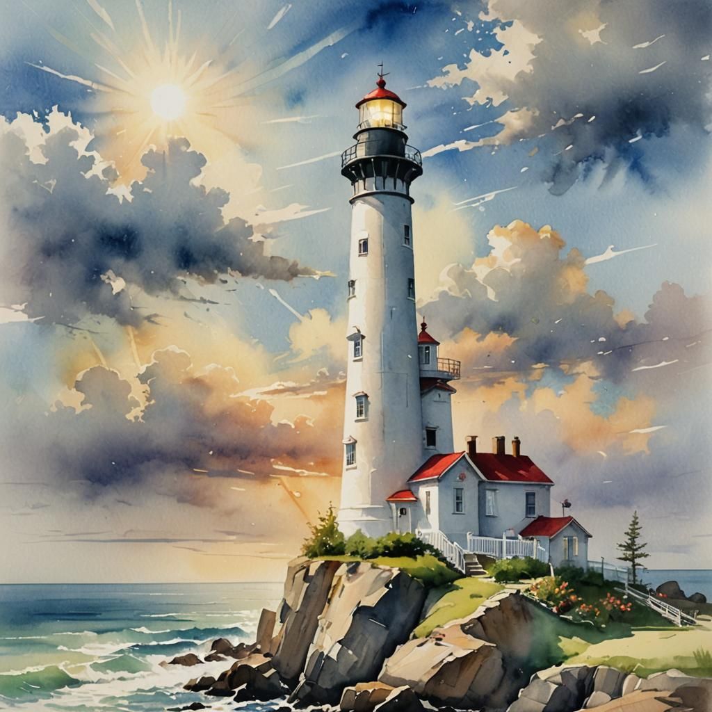 a light house on a rock edge painted in watercolors heavenly sunshine beams divine bright soft focus ...  by @DecloDee