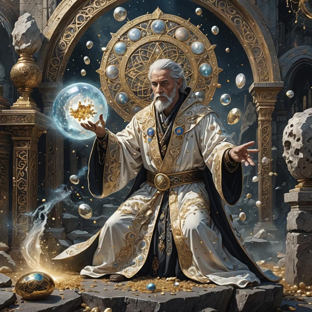 the magician lifts a piece of rock (gold dust) one-by-one with earth ...