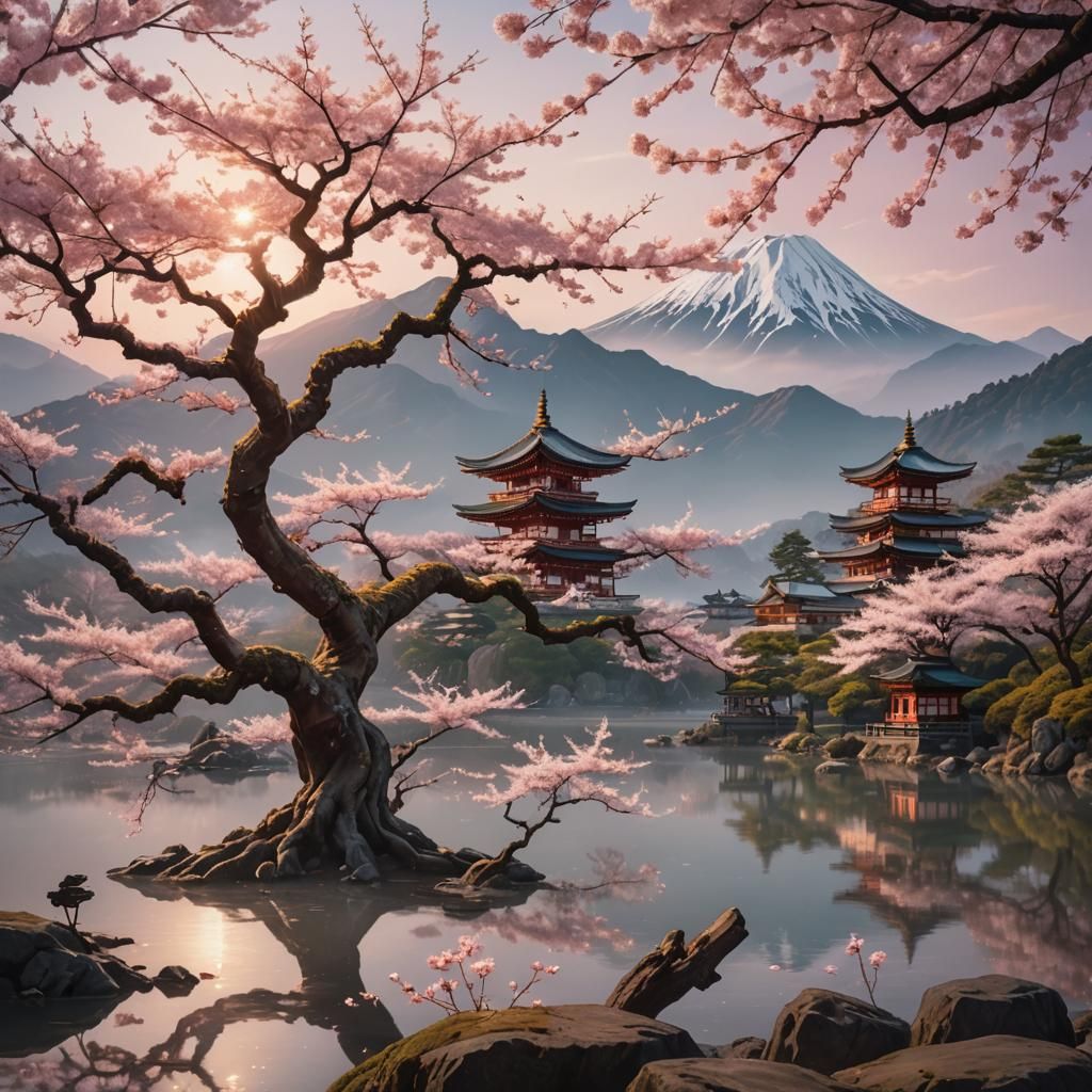 A beautiful ancient sakura tree in front of a lake. Mountains and Japanese temples in the background. ...  by @SoulPrincess