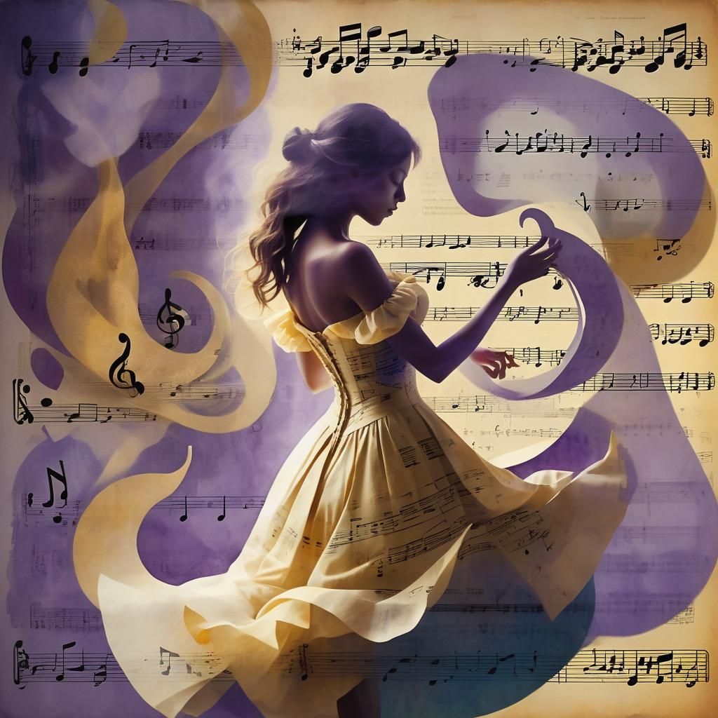 Impressionist Double Exposure Art. Full Body Pose. Musical notes overlapping with a shadow of a gourd ...  by @Kiwi99