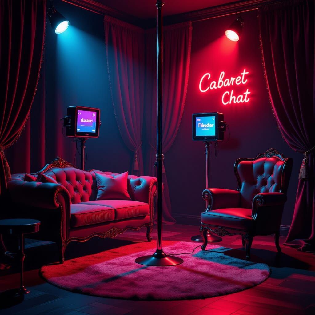 A video chat room filled with elements of cabaret, also modern video chat tinder devices, a comfy velvet couch, a tall chair and a dancing p...