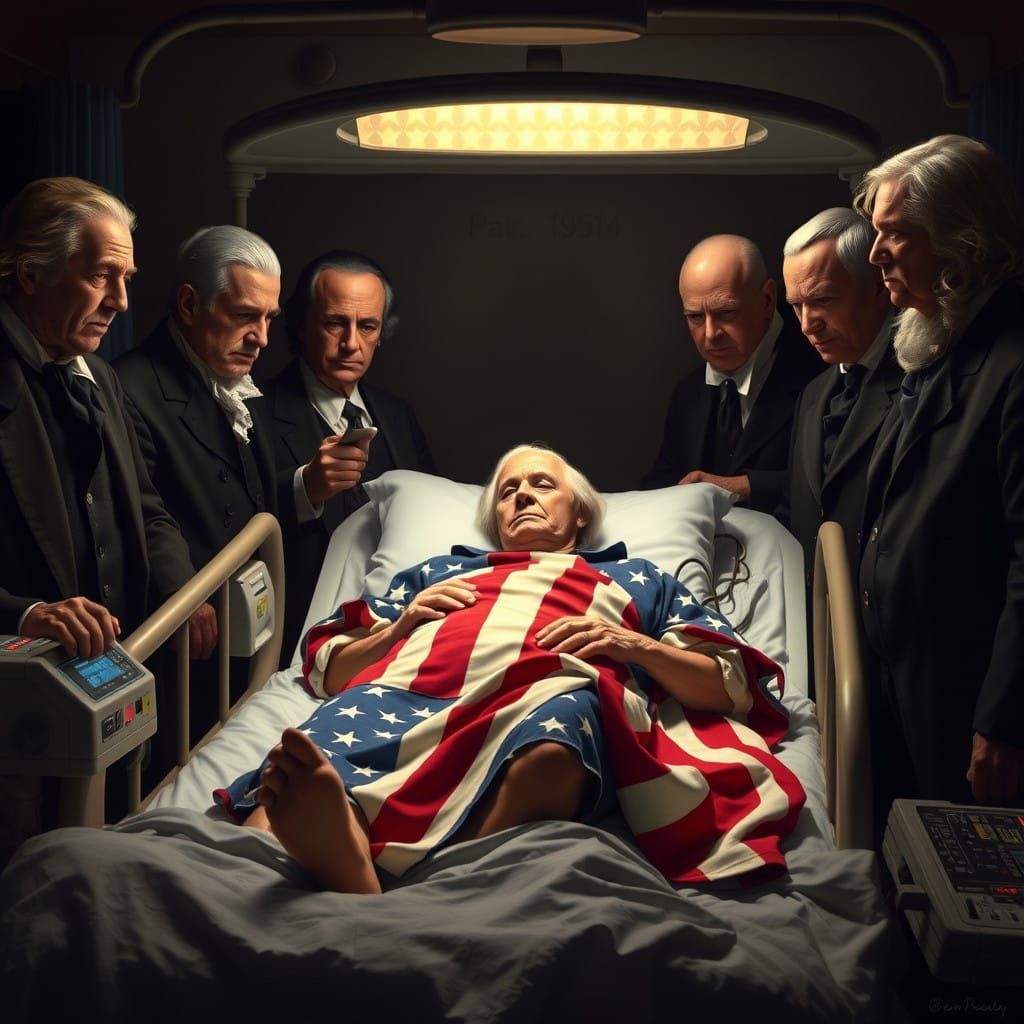 Founding Fathers Gather Around Ailing Uncle Sam in Chiaroscu...