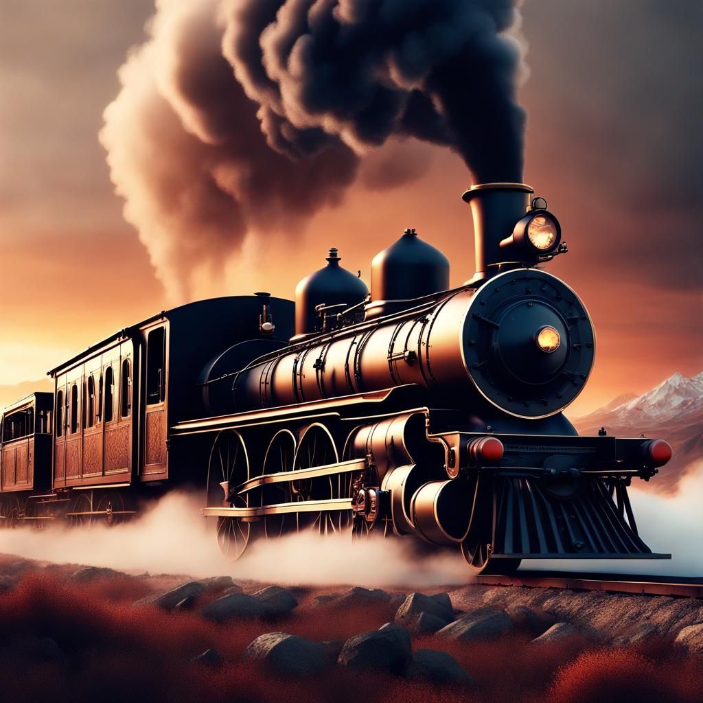 Dramatic steam engine coming at you with perspective and man...