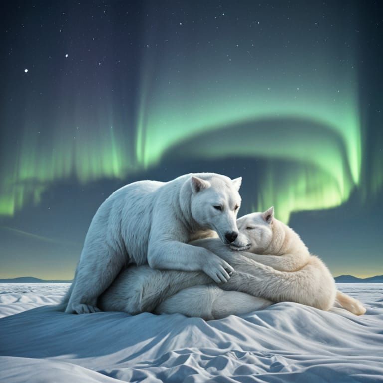 Polar Bears Huddle Under Duvet in Snowy Arctic