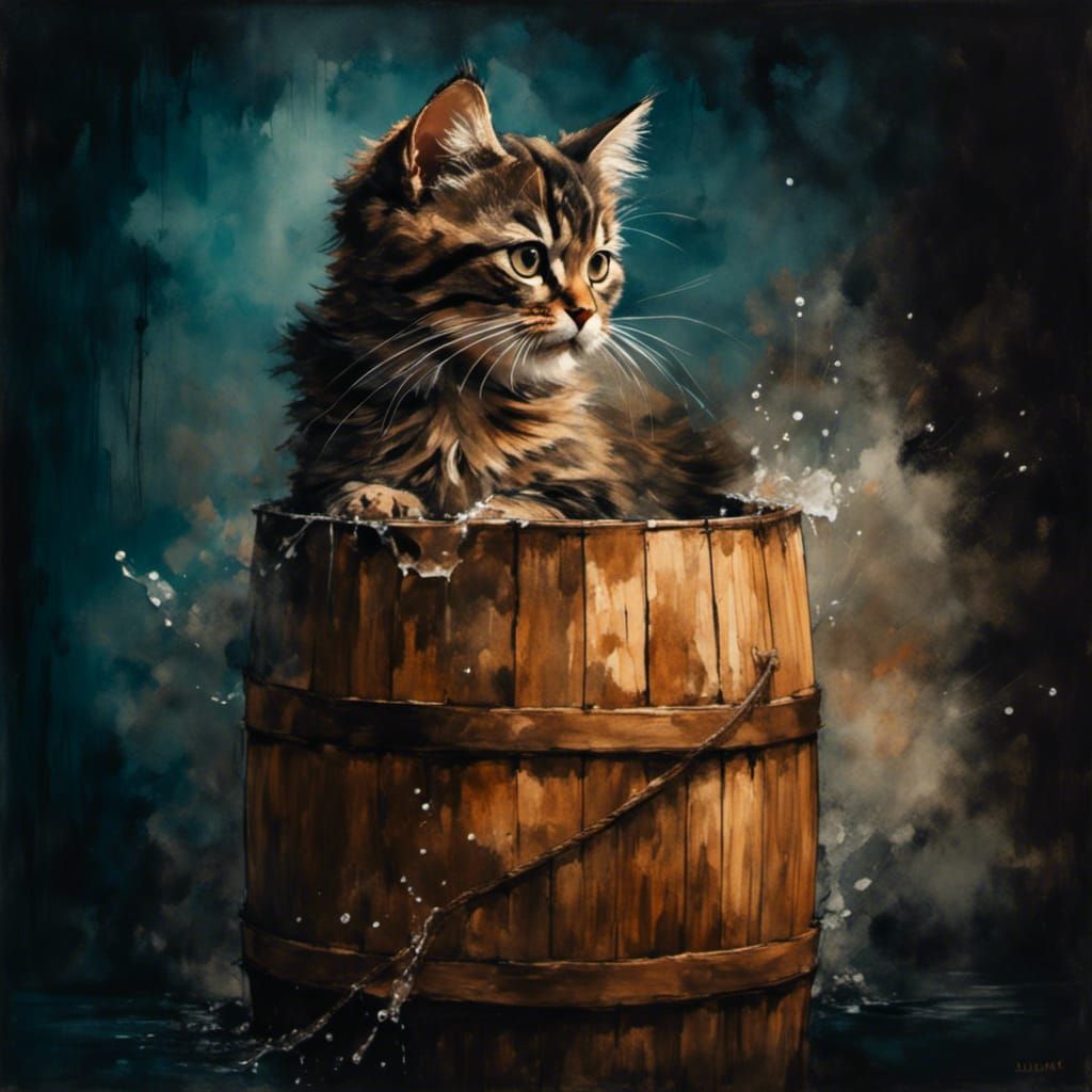 A cute cat taking bath in a wooden barrel , water splashing all around <lora:Exp8:1.0> 