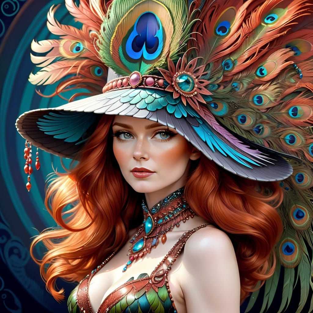 multi-colored bird feathers from birds of prey and peacock feathers form the basis of a hat, made of ...  by @Golem