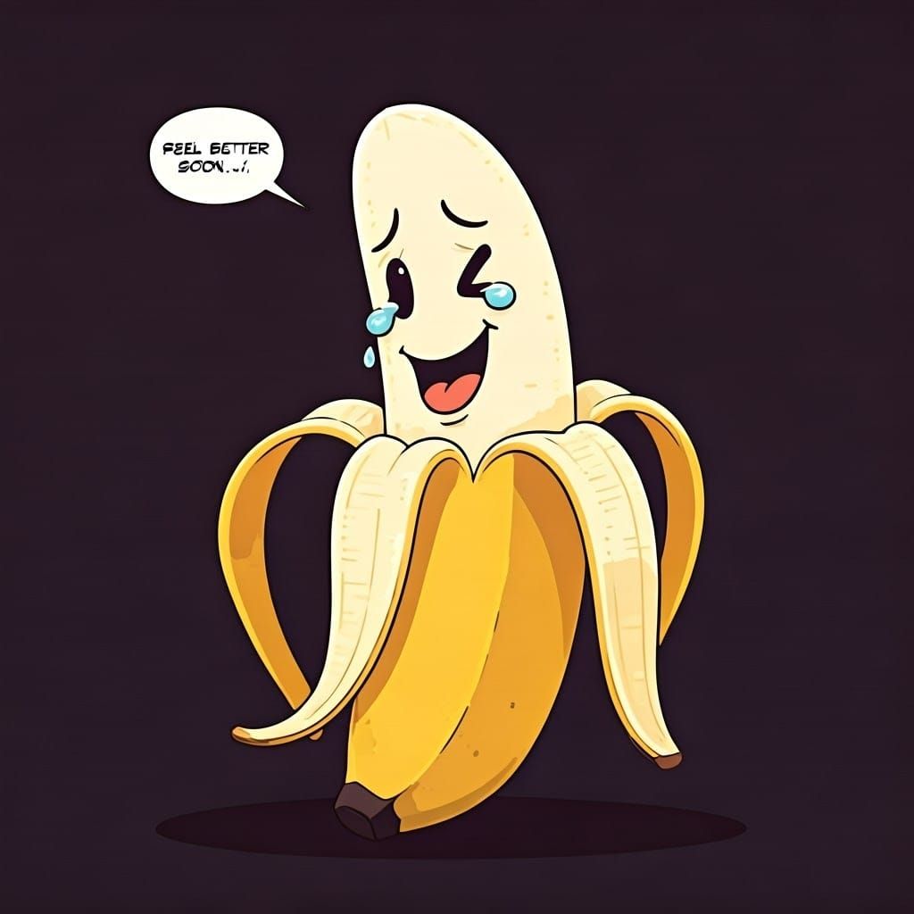 a cartoon peeled banana great big smile small tear coming ou...