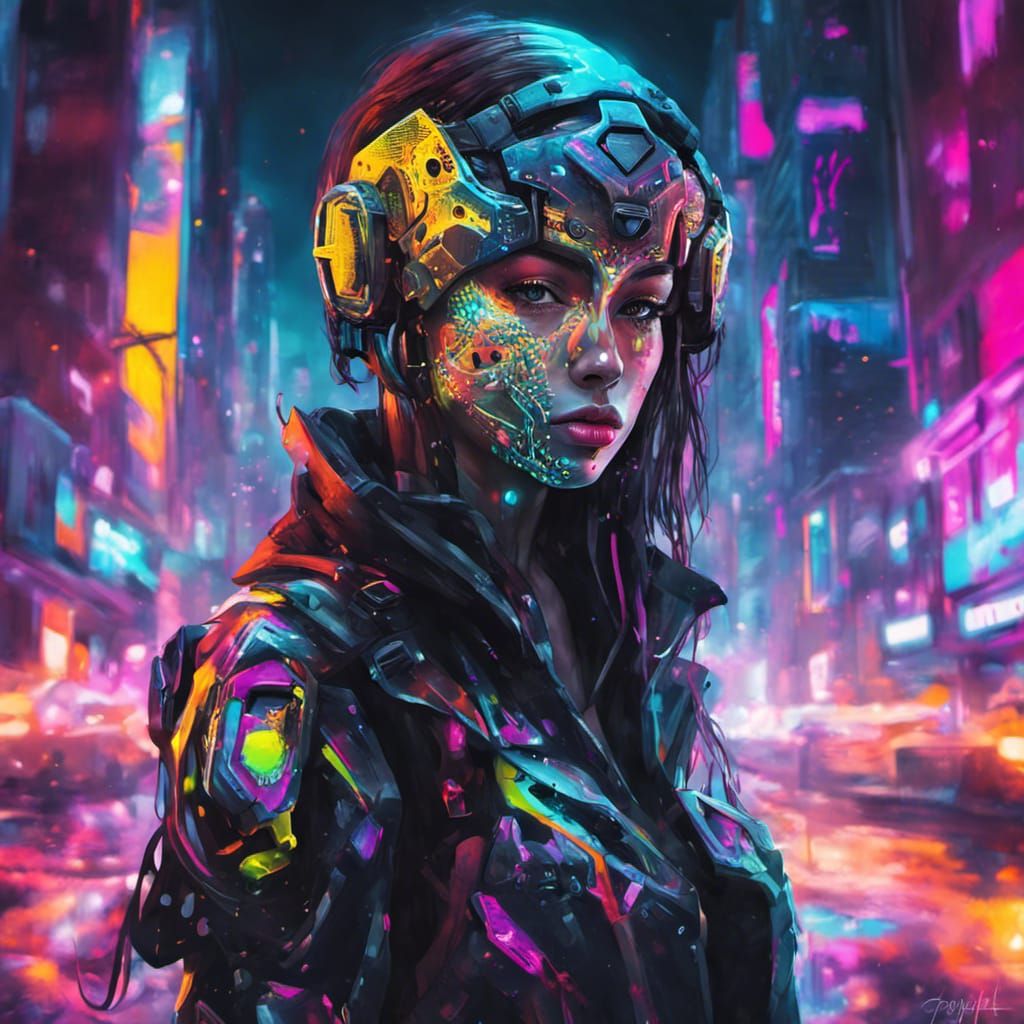 Portrait of a cyborg girl wearing futuristic face armor in a neon city ...