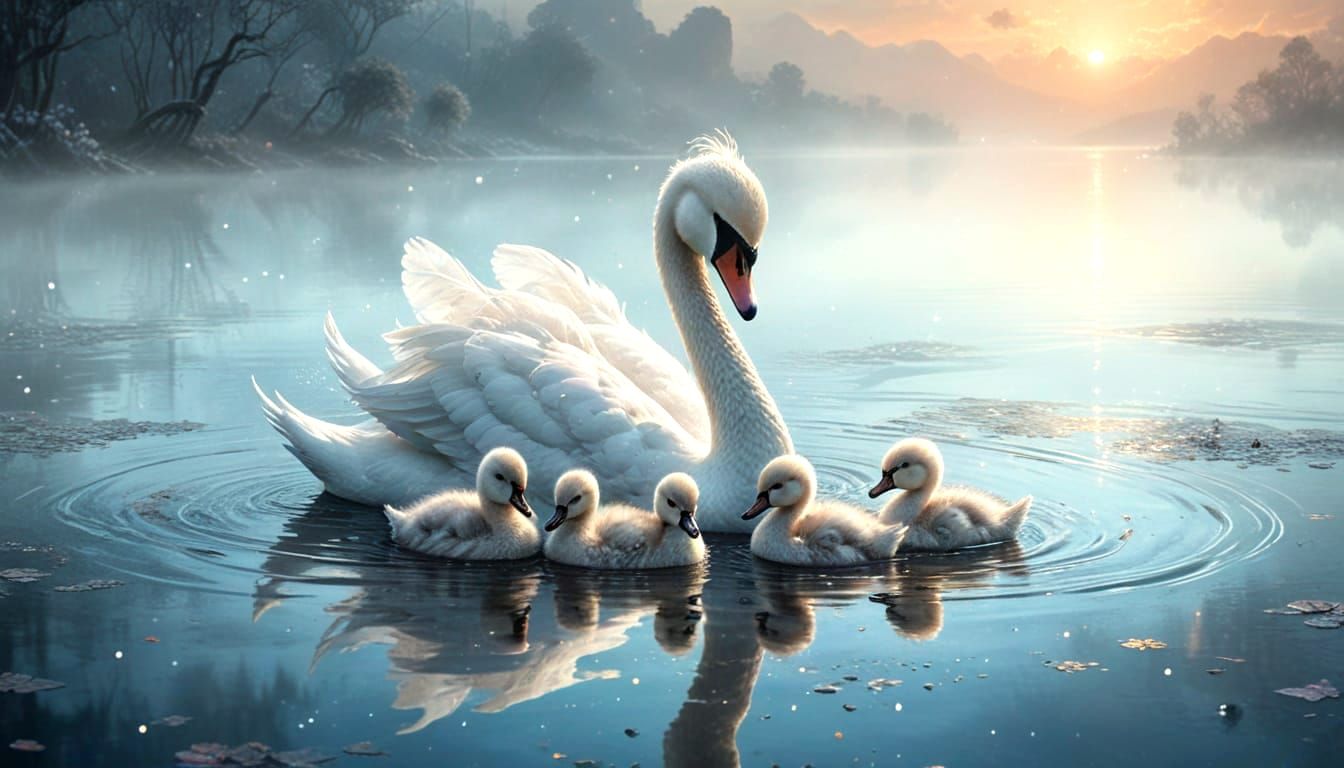 a mother swan and her babies swimming in a magical lake. showing the love of a mother  early ,morning ...  by @charlotsomx