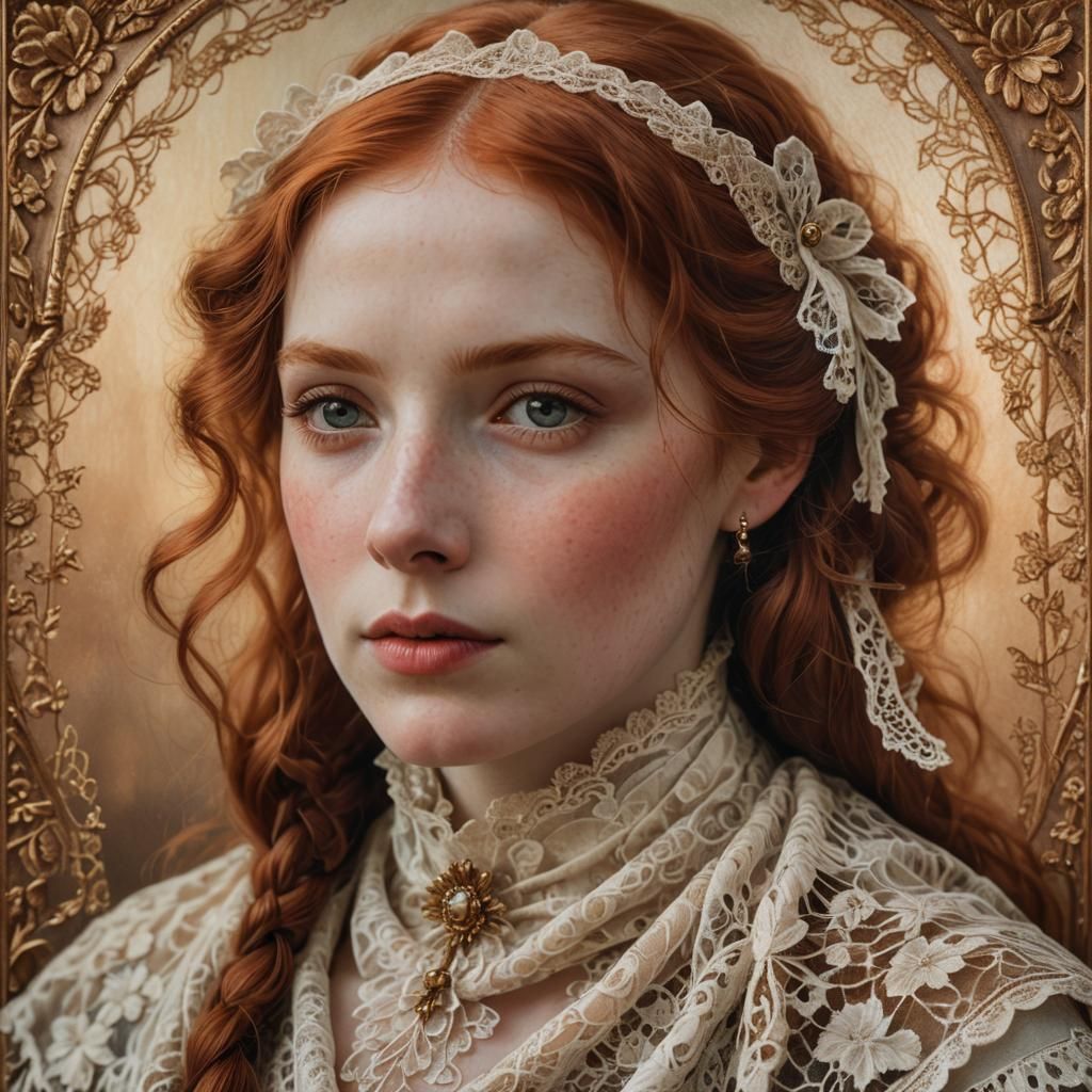 Stunning portrait of a beautiful red haired lady with a lace...