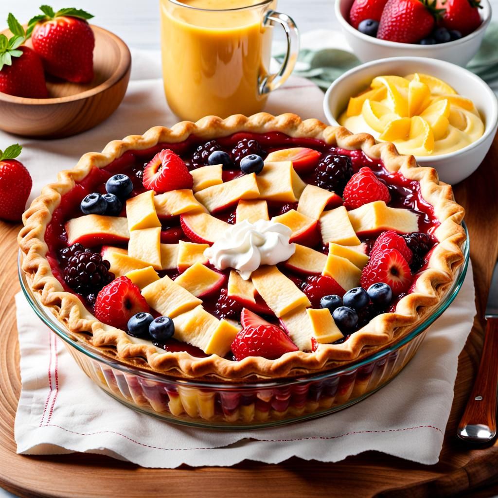 A freshly baked fruity  pie, natural wood table ,in a glass pie dish with one piece of pie cut out, bowl ...  by @Jen