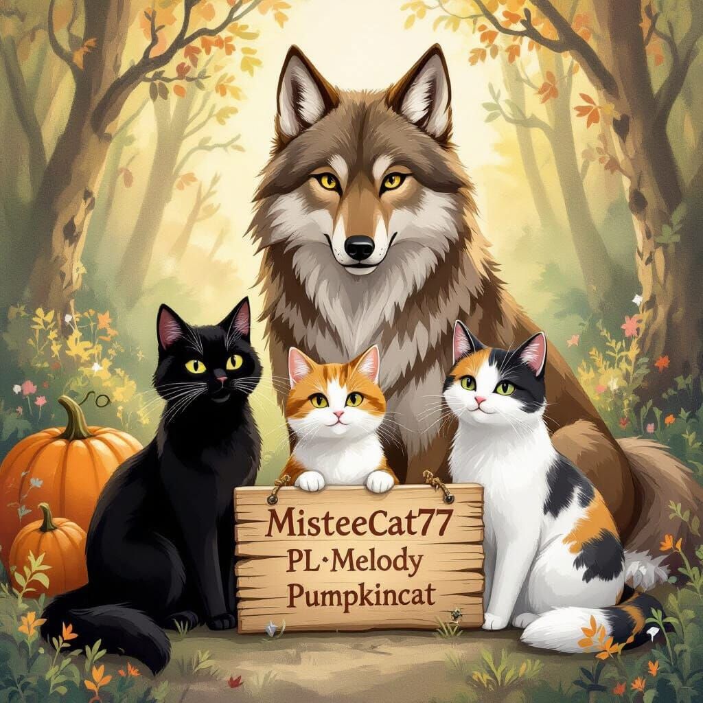a black cat and a white cat sitting next to a calico cat and a tabby cat and a brown wolf with a sign reading misteecat77 and PL Melody and ...