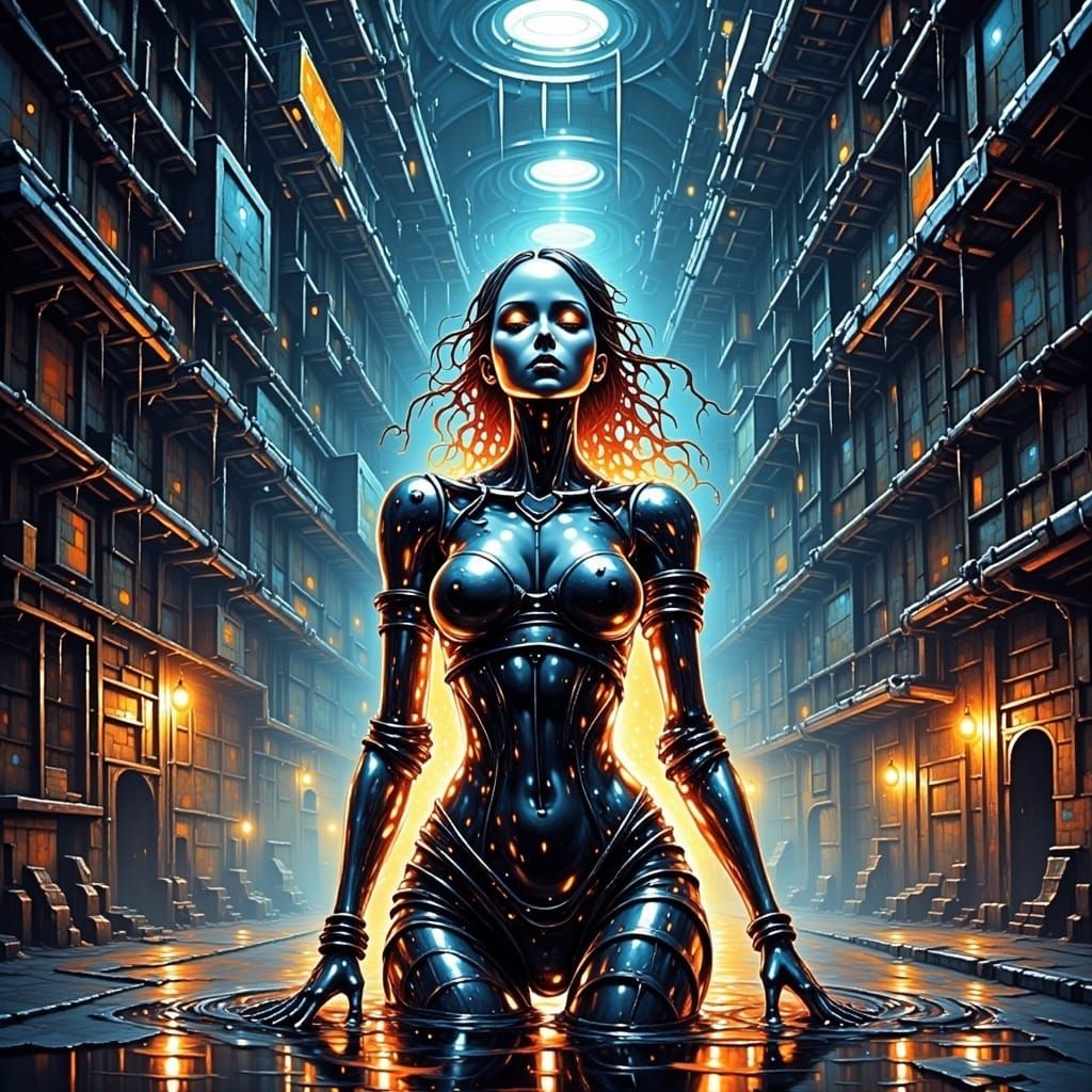 image an android woman with neon lights embedded in her body, a metallic face, and illuminated eyes, stands within a spaceship hangar. graff...