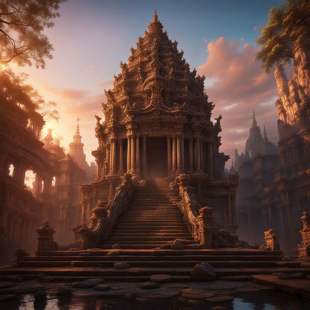 Antique temple in the sunrise that is partly crumbling