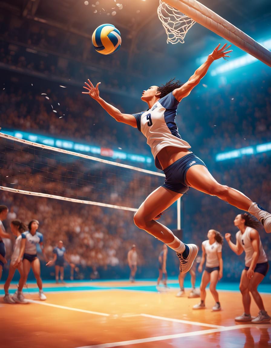 Mid scene of a volleyball player setting to the hitter as th...