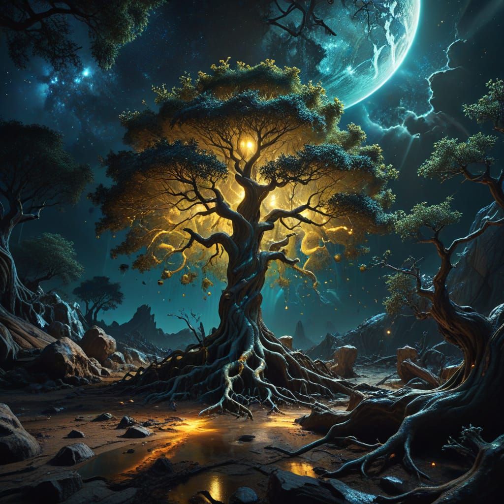 The image shows a giant ash tree floating in a dark space strewn with distant stars.
Tree: It occupies the central place and looks massive a...