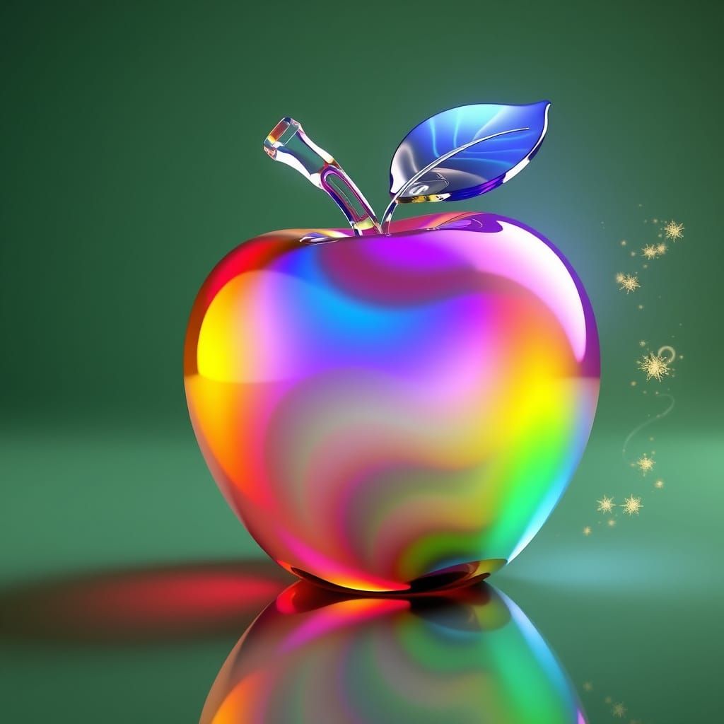 Glowing Glass Apple with Whimsical Rainbow Swirls