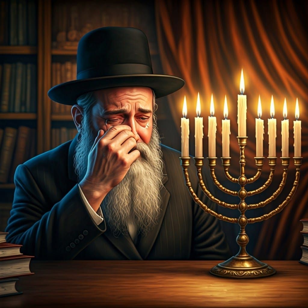 Hasidic Man Weeps Before Menorah in Whimsical Study