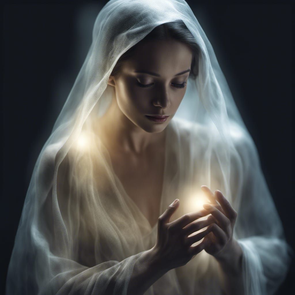 A beautiful female but ghostly apparition, semi transparent,...