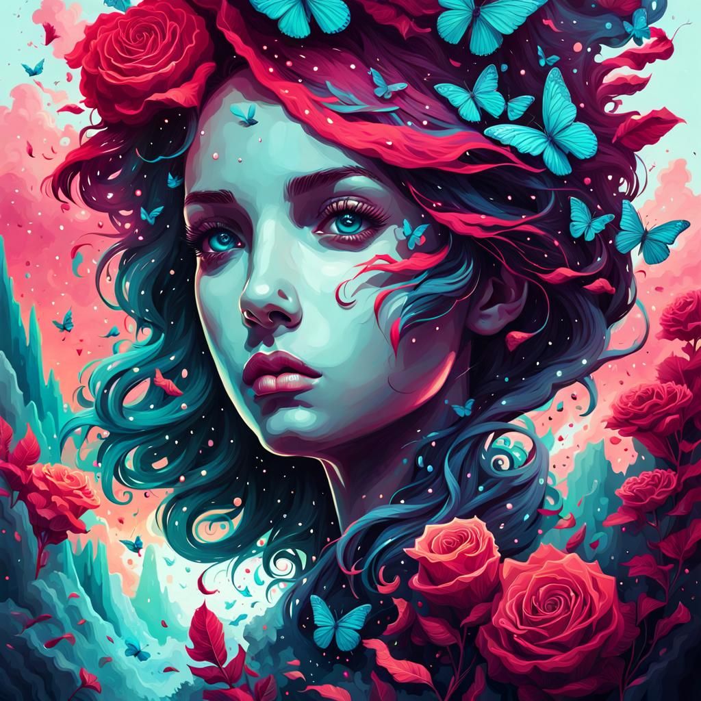 Detailed Rose, Butterfly, and Dodo in Digital Art Style