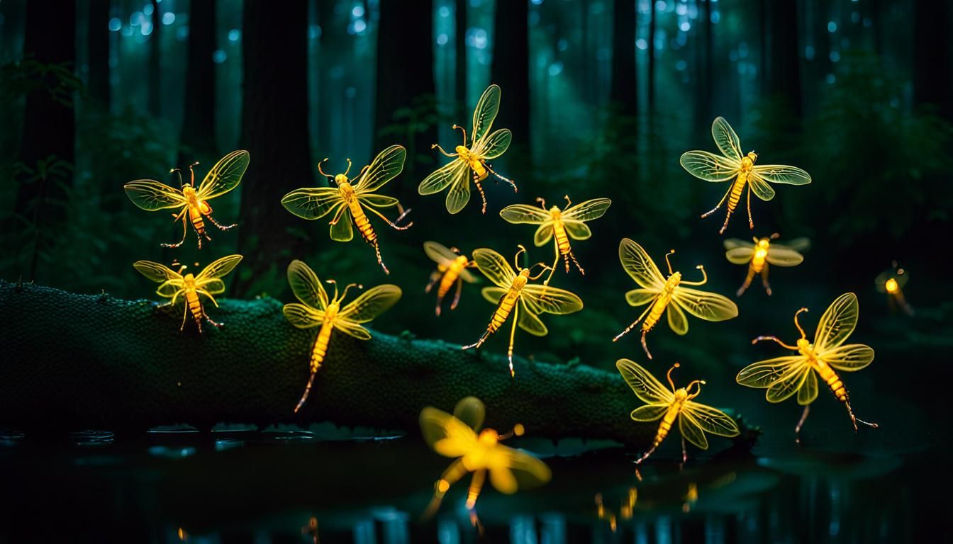 An enchanting photograph of tiny, bioluminescent creatures, ...