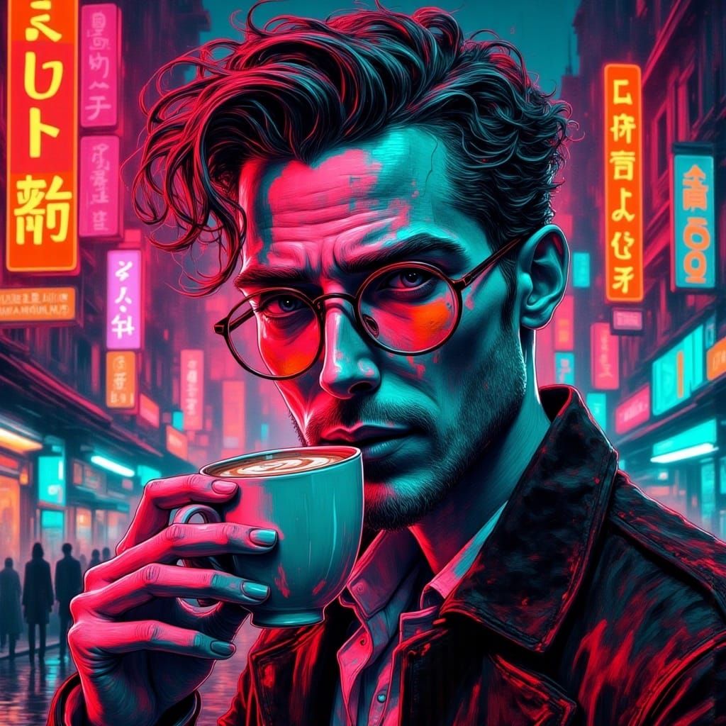 ink drawing surreal portrait of handsome man drinking coffee <lora:Fury2Flux:1.0>, limited color palette, sin city, neon