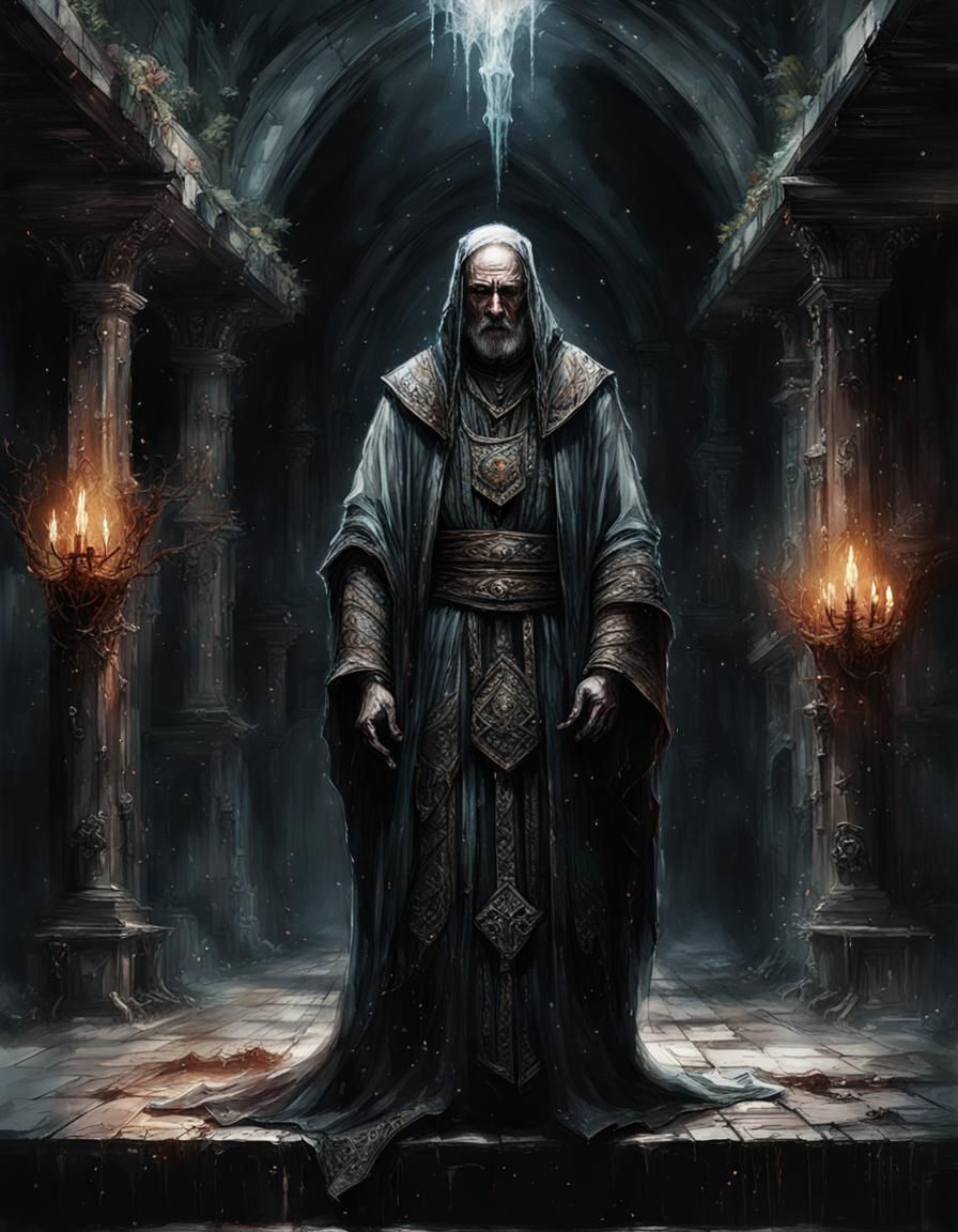 Gregorian dark priest in a dark room  by @lazarosv