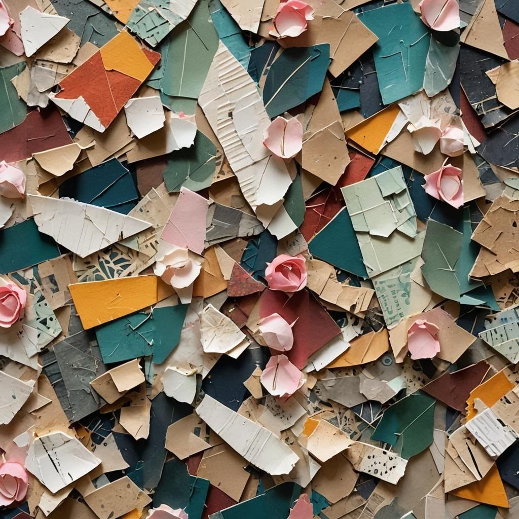 A torn paper collage featuring a blend of vibrant and muted colors. The collage should include a mix of ripped pieces of textured paper, new...
