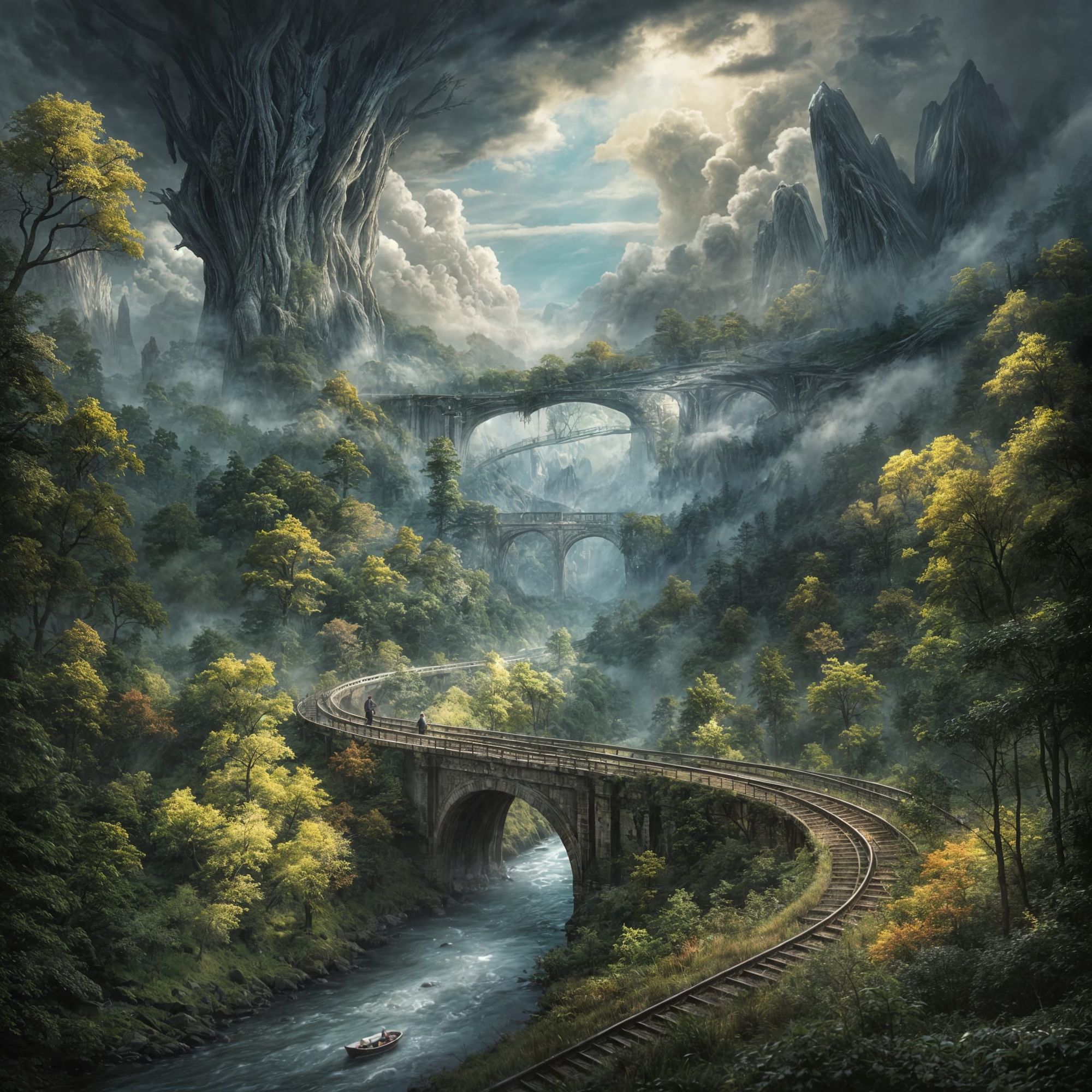 A grand, ancient forest blankets the landscape, its immense trees rising like silent giants toward a pale, silver-tinted sky. Layers of drif...