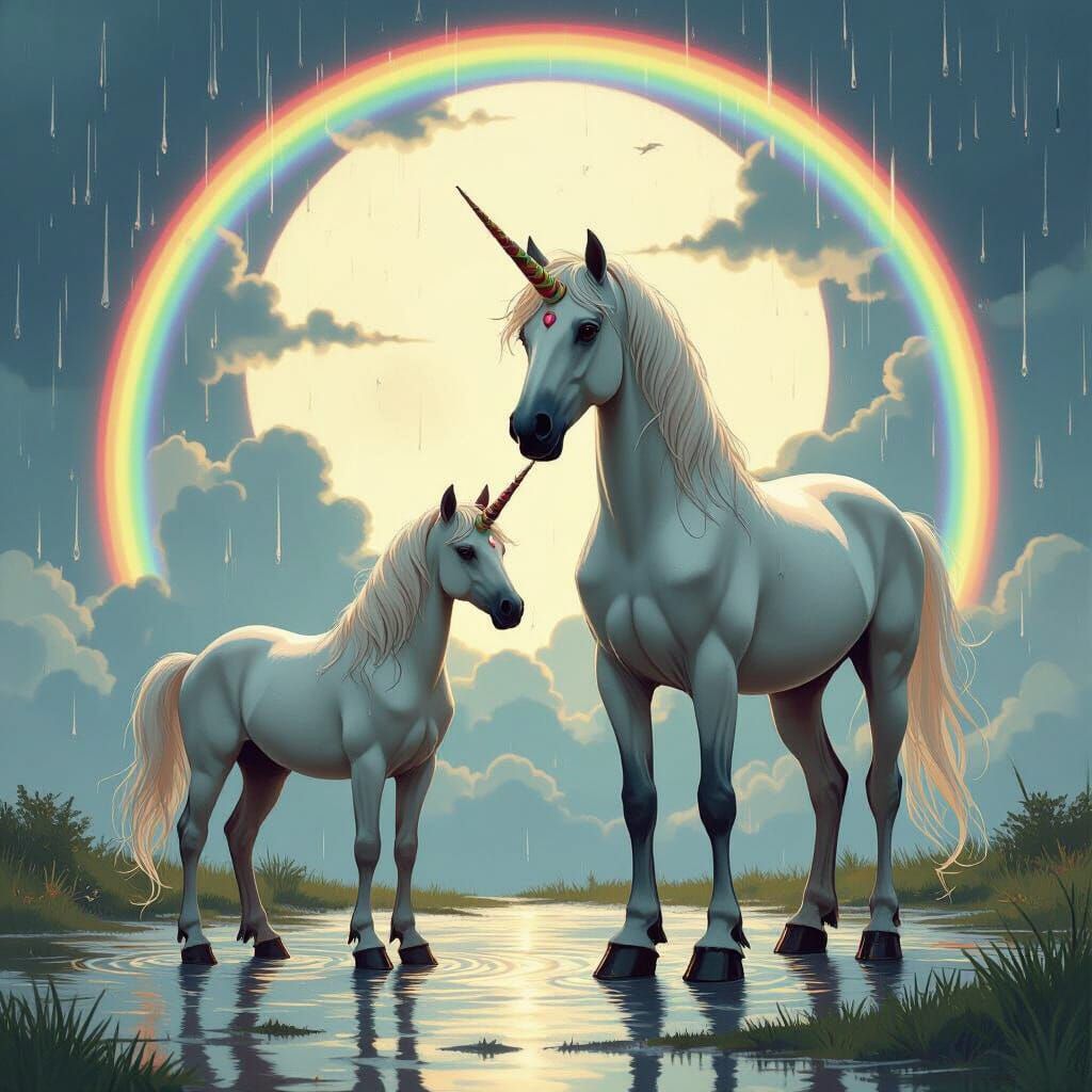 שמים וסוס פוני בגשם עם חד קרן