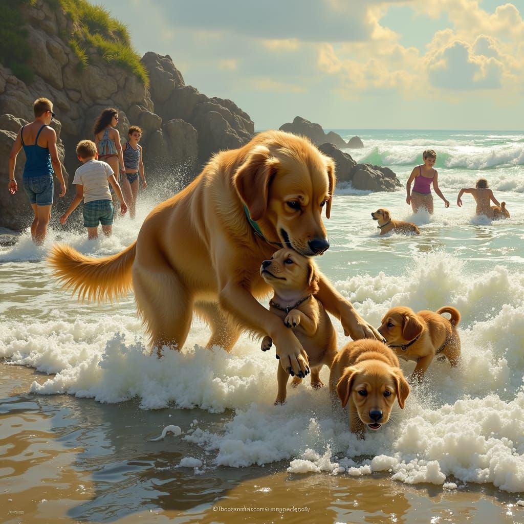 a dog rescues one of her puppies from the water while people in the area help get the other puppies ashore