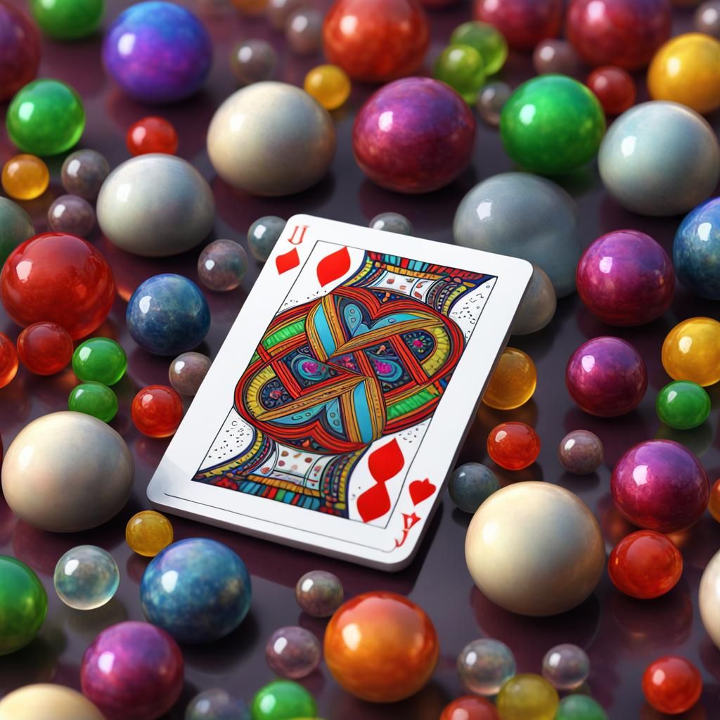 deck of playing cards and multi colored marbles in batch of ...