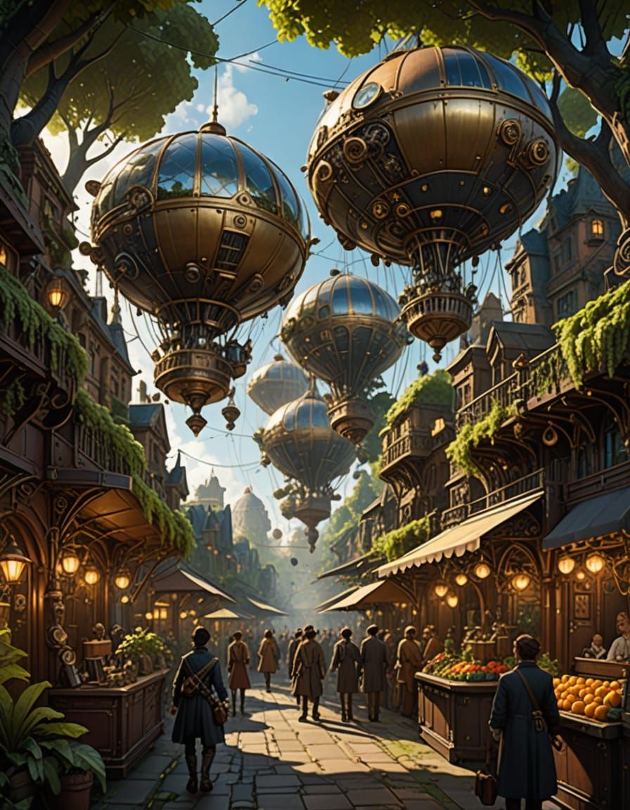 A bustling marketplace in a steampunk-inspired city built within colossal ancient trees, where airships dock and clockwork automatons serve ...