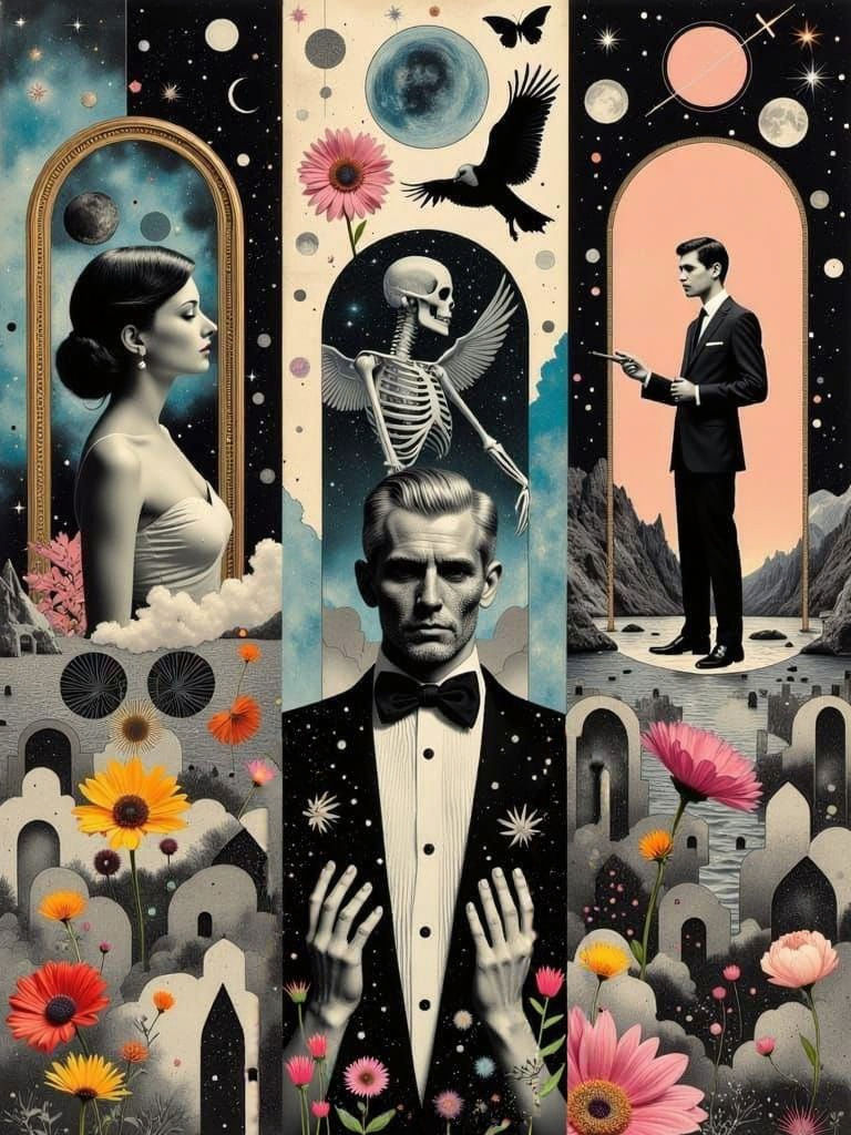 Vibrant Surreal Collage with Machine Gun, Angel, and Butterf...